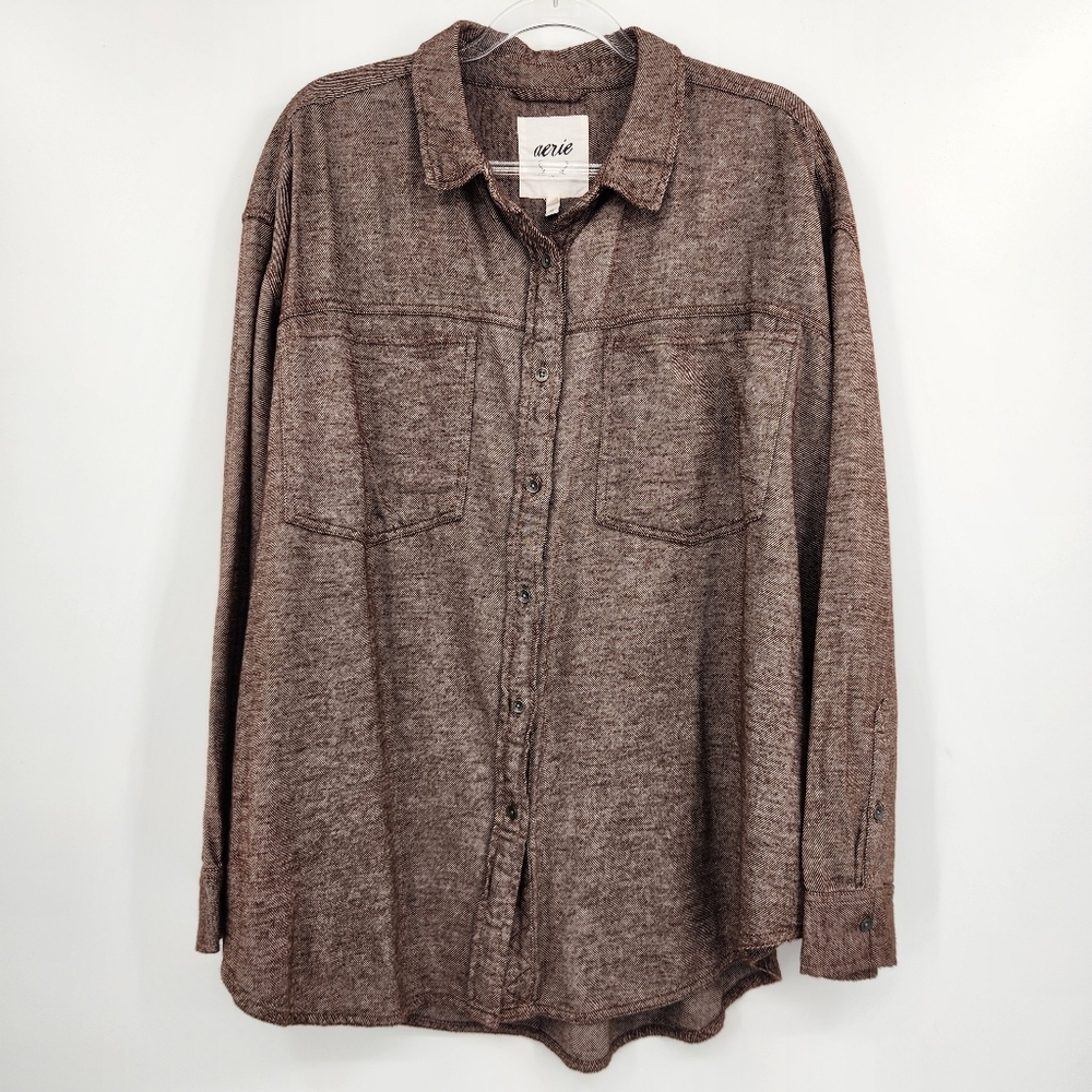 Aerie Anytime Fave Twill Button Down Shirt Womens Size XL Brown NWT Flannel